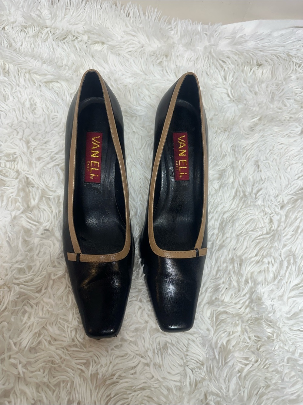 VANELi Black Leather Pumps with Tan Trim
